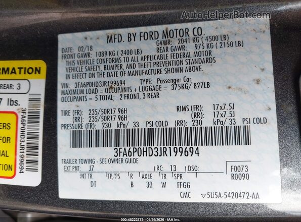 3FA6P0HD3JR199694 2018 FORD FUSION Серый Вид подкапотного пространства