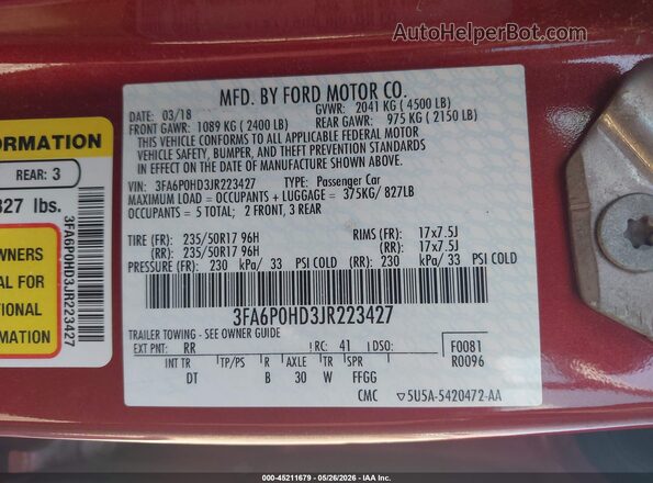 3FA6P0HD3JR223427 2018 FORD FUSION Красный Вид подкапотного пространства