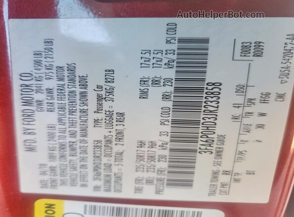 3FA6P0HD3JR233858 2018 FORD FUSION Red Vista del compartimento del motor