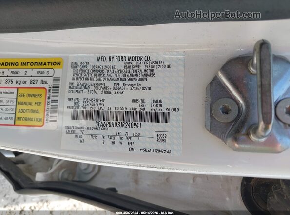 3FA6P0HD3JR240941 2018 FORD FUSION White Widok komory silnika