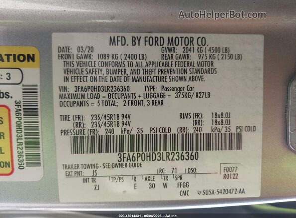 3FA6P0HD3LR236360 2020 FORD FUSION Серебряный Вид подкапотного пространства