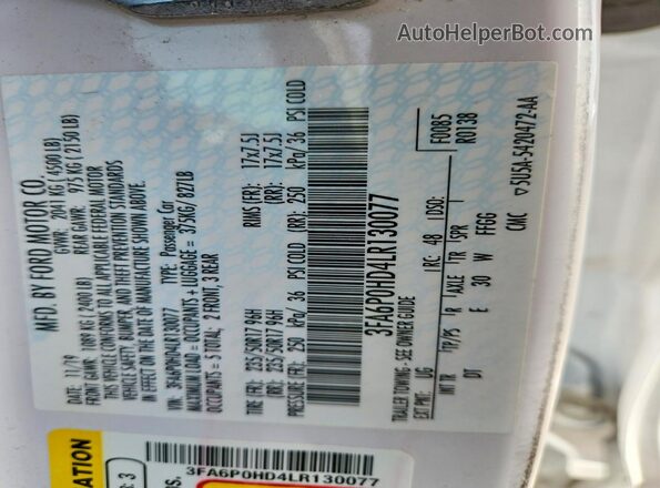 3FA6P0HD4LR130077 2020 FORD FUSION White Widok naklejki z numerem VIN