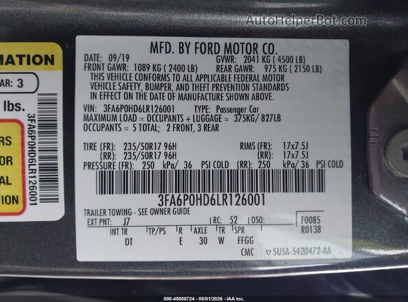 3FA6P0HD6LR126001 2020 FORD FUSION Серый Вид подкапотного пространства