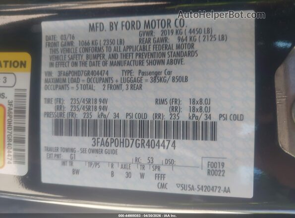 3FA6P0HD7GR404474 2016 FORD FUSION Blue Widok komory silnika