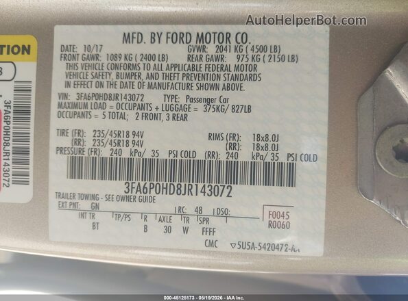 3FA6P0HD8JR143072 2018 FORD FUSION Золотой Вид подкапотного пространства