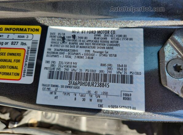 3FA6P0HD8JR238845 2018 FORD FUSION Серый Вид подкапотного пространства
