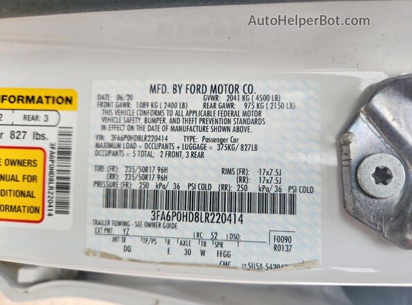 3FA6P0HD8LR220414 2020 FORD FUSION Белый Вид подкапотного пространства
