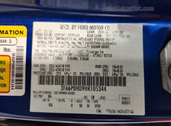 3FA6P0HD9HR105344 2017 FORD FUSION Синий Вид подкапотного пространства