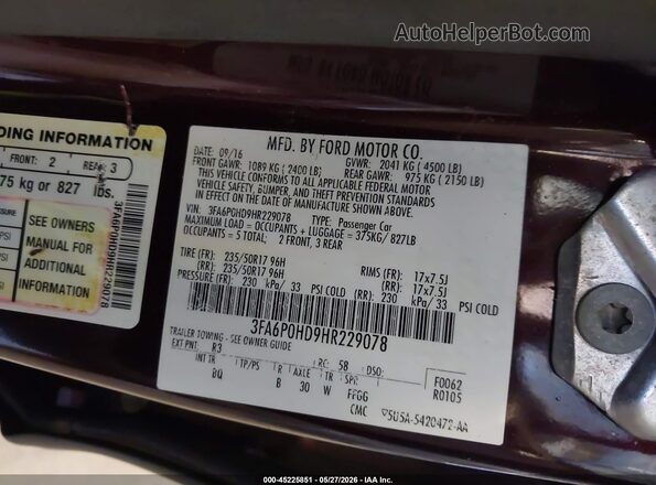 3FA6P0HD9HR229078 2017 FORD FUSION Красный Вид подкапотного пространства