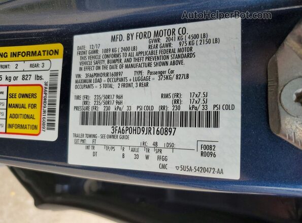 3FA6P0HD9JR160897 2018 FORD FUSION Синий Вид подкапотного пространства