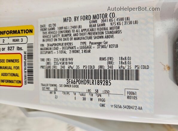 3FA6P0HD9LR189285 2020 FORD FUSION White Widok komory silnika