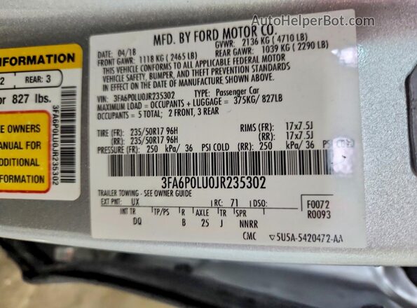 3FA6P0LU0JR235302 2018 FORD FUSION Silver ძრავის განყოფილების ხედი