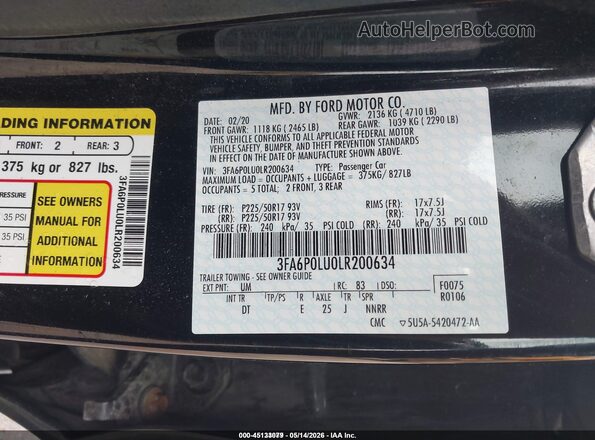 3FA6P0LU0LR200634 2020 FORD FUSION Black Vista del compartimento del motor