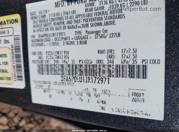 3FA6P0LU1JR172971 2018 FORD FUSION HYBRID Gray Вид підкапотного простору