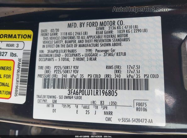 3FA6P0LU1LR196805 2020 FORD FUSION Black Widok komory silnika