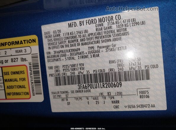 3FA6P0LU1LR200609 2020 FORD FUSION Blue Vista del compartimento del motor