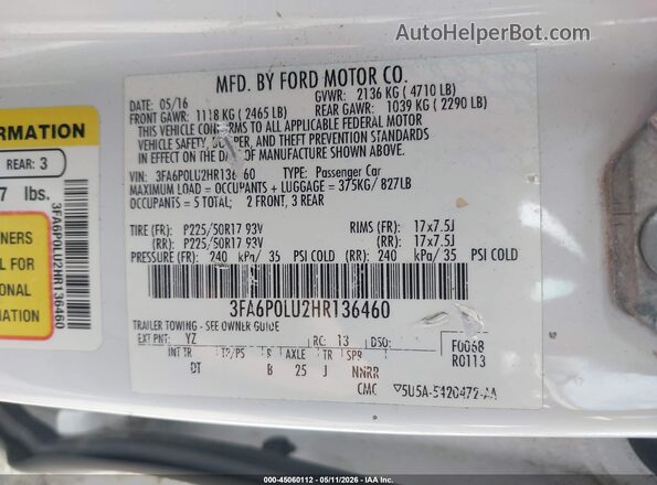3FA6P0LU2HR136460 2017 FORD FUSION HYBRID Белый Вид подкапотного пространства
