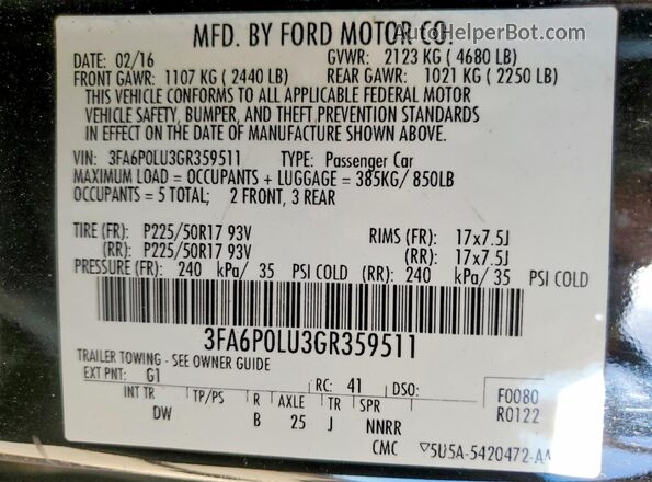 3FA6P0LU3GR359511 2016 FORD FUSION Black Vista del compartimento del motor