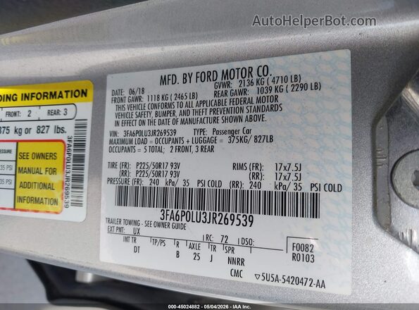 3FA6P0LU3JR269539 2018 FORD FUSION HYBRID Silver Vista del compartimento del motor