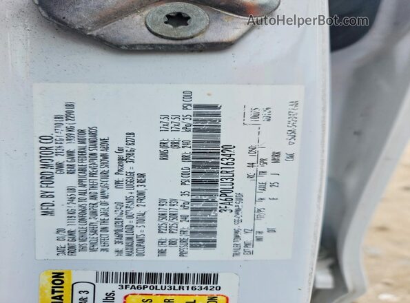 3FA6P0LU3LR163420 2020 FORD FUSION White Widok komory silnika