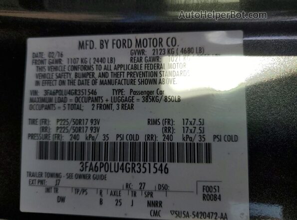 3FA6P0LU4GR351546 2016 FORD FUSION Серый Вид подкапотного пространства