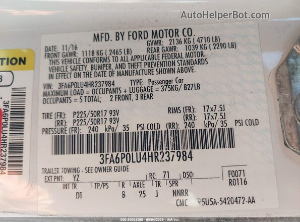 3FA6P0LU4HR237984 2017 FORD FUSION HYBRID White Շարժիչի բաժամունքի տեսք