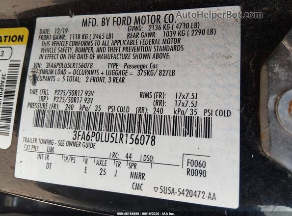 3FA6P0LU5LR156078 2020 FORD FUSION Black Vista del compartimento del motor