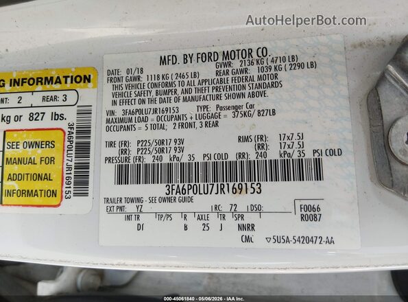 3FA6P0LU7JR169153 2018 FORD FUSION HYBRID Белый Вид подкапотного пространства