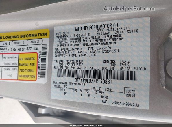 3FA6P0LU7KR190831 2019 FORD FUSION HYBRID Silver Շարժիչի բաժամունքի տեսք
