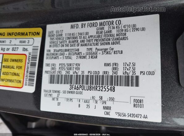 3FA6P0LU8HR325548 2017 FORD FUSION HYBRID Серый Вид подкапотного пространства