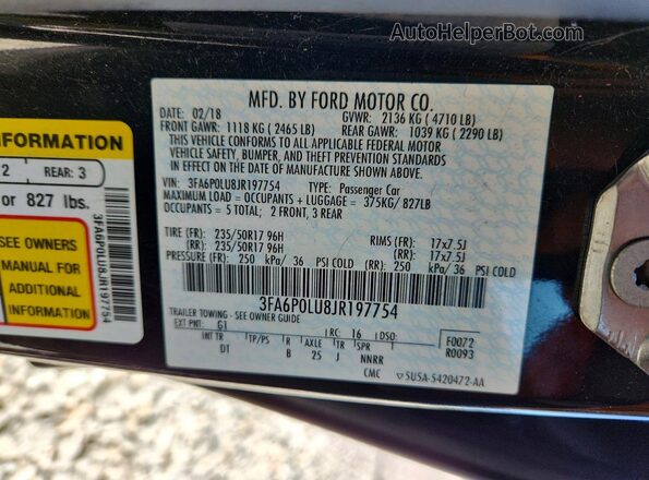 3FA6P0LU8JR197754 2018 FORD FUSION Black Widok komory silnika