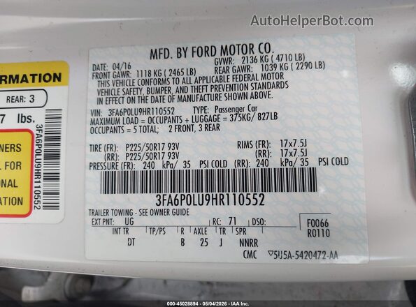 3FA6P0LU9HR110552 2017 FORD FUSION HYBRID White Vista del compartimento del motor