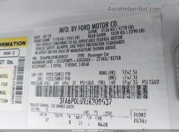 3FA6P0LU9JR209037 2018 FORD FUSION HYBRID Белый Вид подкапотного пространства