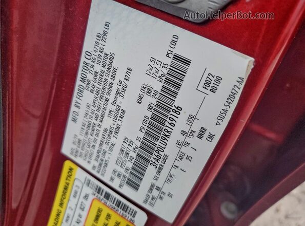 3FA6P0LU9KR169186 2019 FORD FUSION Красный Вид подкапотного пространства
