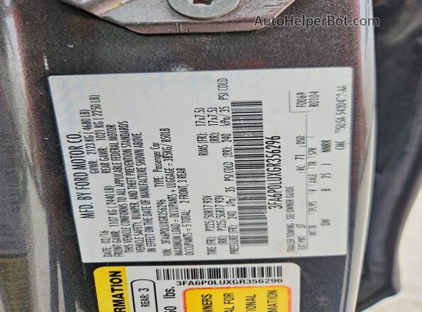 3FA6P0LUXGR356296 2016 FORD FUSION Gray Widok naklejki z numerem VIN