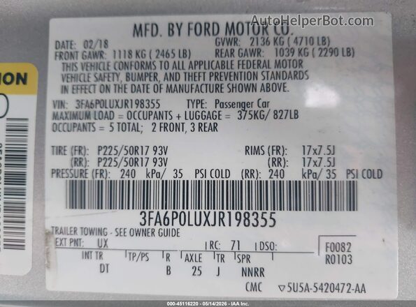 3FA6P0LUXJR198355 2018 FORD FUSION HYBRID Silver Вид підкапотного простору