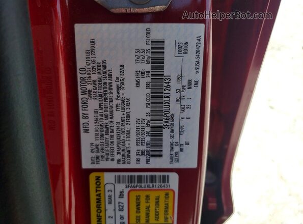3FA6P0LUXLR126431 2020 FORD FUSION Red Вид підкапотного простору