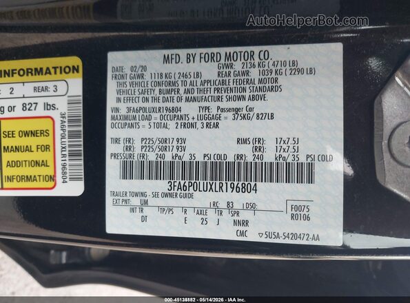3FA6P0LUXLR196804 2020 FORD FUSION Black Вид підкапотного простору