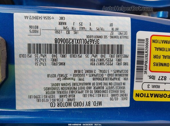 3FA6P0LUXLR200608 2020 FORD FUSION Blue Engine compartment view