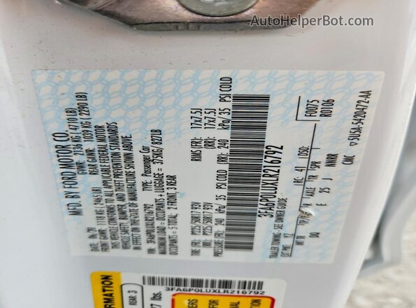 3FA6P0LUXLR216792 2020 FORD FUSION White Vista del compartimento del motor