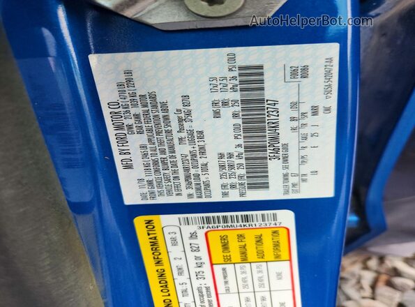 3FA6P0MU4KR123747 2019 FORD FUSION Синий Вид подкапотного пространства