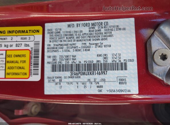 3FA6P0MUXKR146997 2019 FORD FUSION HYBRID Красный Вид подкапотного пространства