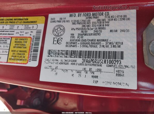 3FA6P0RU5LR100293 2020 FORD FUSION HYBRID Red ძრავის განყოფილების ხედი
