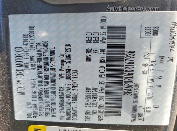 3FA6P0RU6KR167936 2019 FORD FUSION Угольный Вид подкапотного пространства