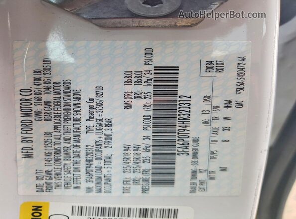 3FA6P0T94HR320312 2017 FORD FUSION Белый Вид подкапотного пространства