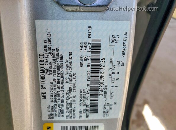 3FA6P0T99HR172156 2017 FORD FUSION Silver Vista del compartimento del motor