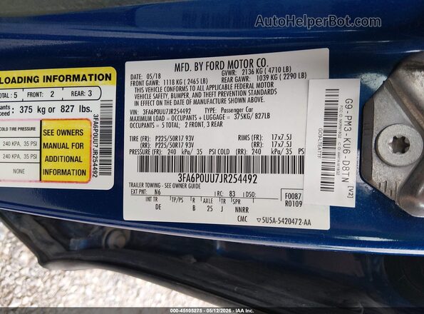 3FA6P0UU7JR254492 2018 FORD FUSION HYBRID Синий Вид подкапотного пространства