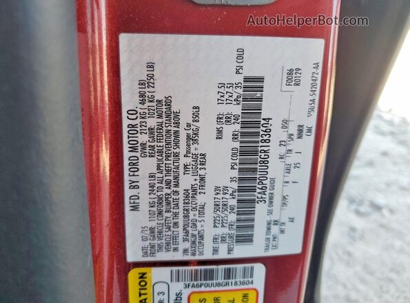 3FA6P0UU8GR183604 2016 FORD FUSION Maroon Widok naklejki z numerem VIN