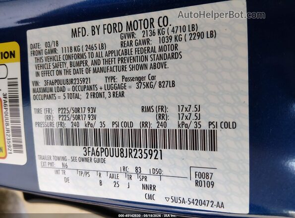 3FA6P0UU8JR235921 2018 FORD FUSION HYBRID Синий Вид подкапотного пространства