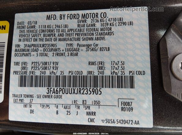 3FA6P0UUXJR235905 2018 FORD FUSION HYBRID Gray Вид підкапотного простору